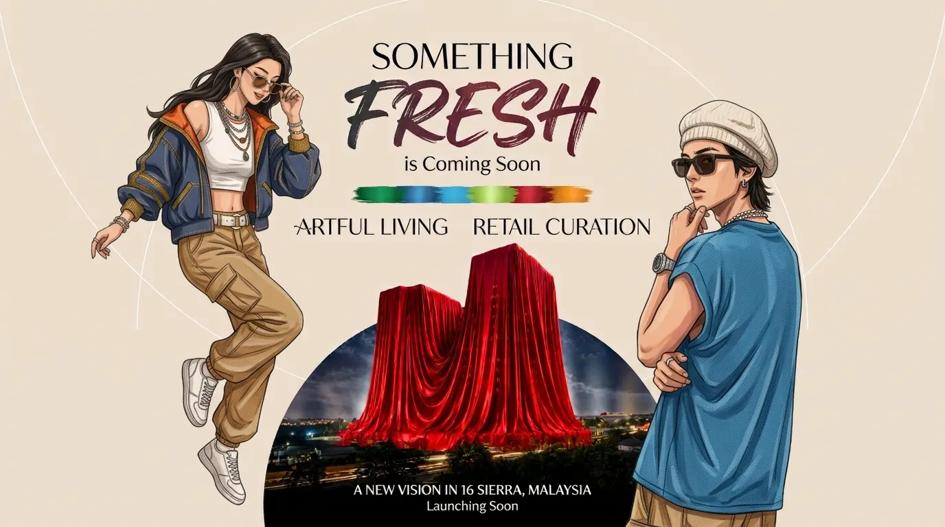 Fresco Suite teaser: two illustrated city dwellers either side of two towers veiled in red drapes, with the words Something fresh is coming soon, artful living, retail curation